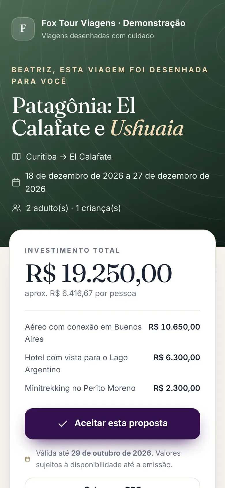 Proposta de viagem aberta no celular, com roteiro, valores e botão de aceite